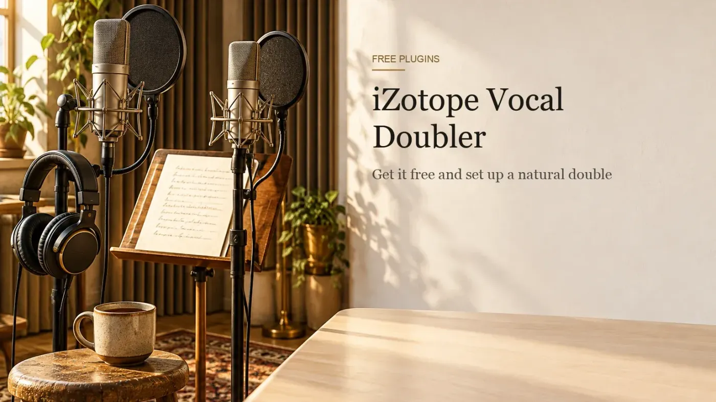 Two matching condenser microphones with round pop filters, headphones on a stand, a handwritten lyric sheet and a mug of tea in a sunlit vocal booth