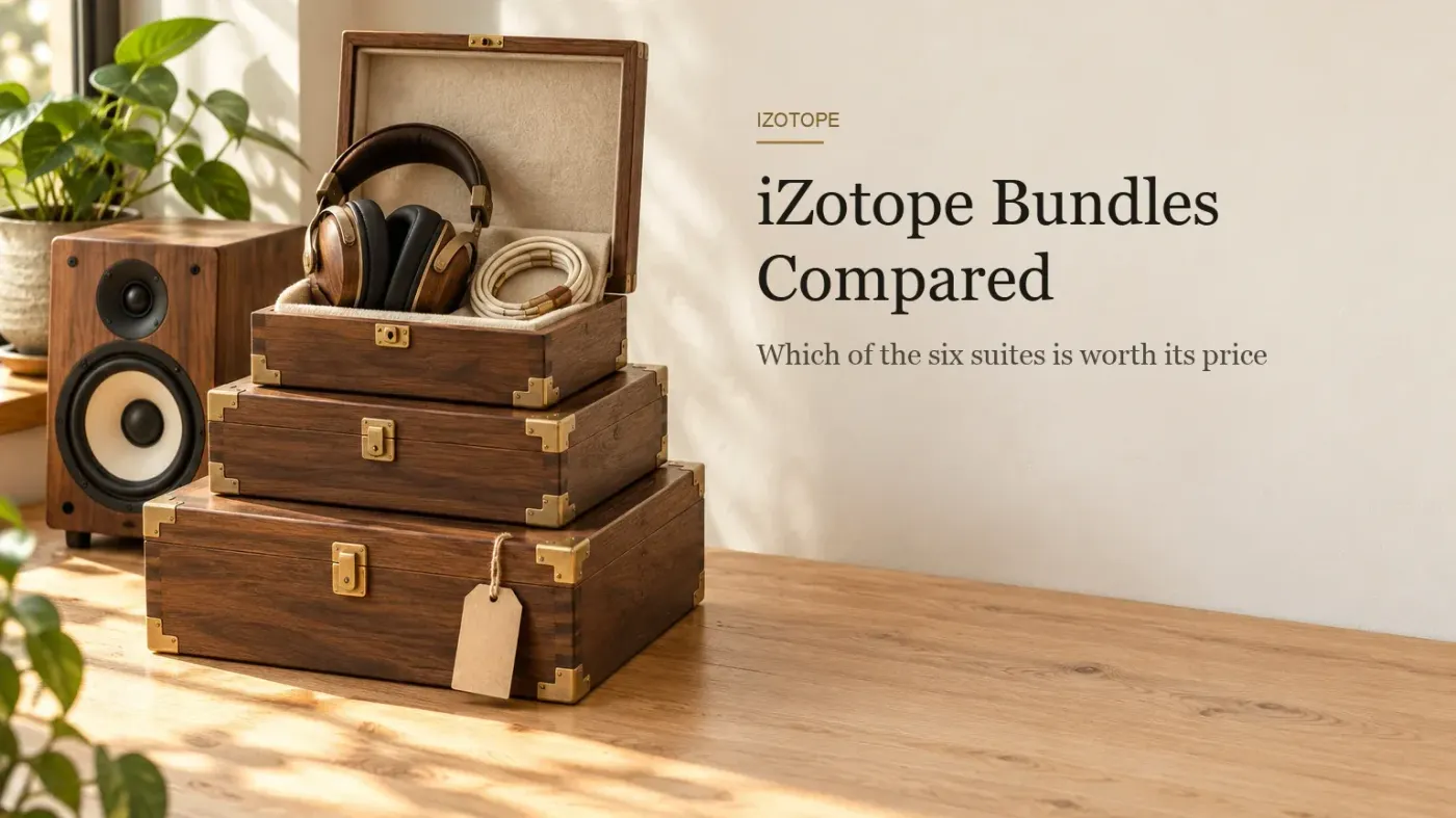 Three brass-cornered wooden boxes stacked like steps with studio headphones in the open top box and a compact monitor speaker beside them, headline iZotope Bundles Compared