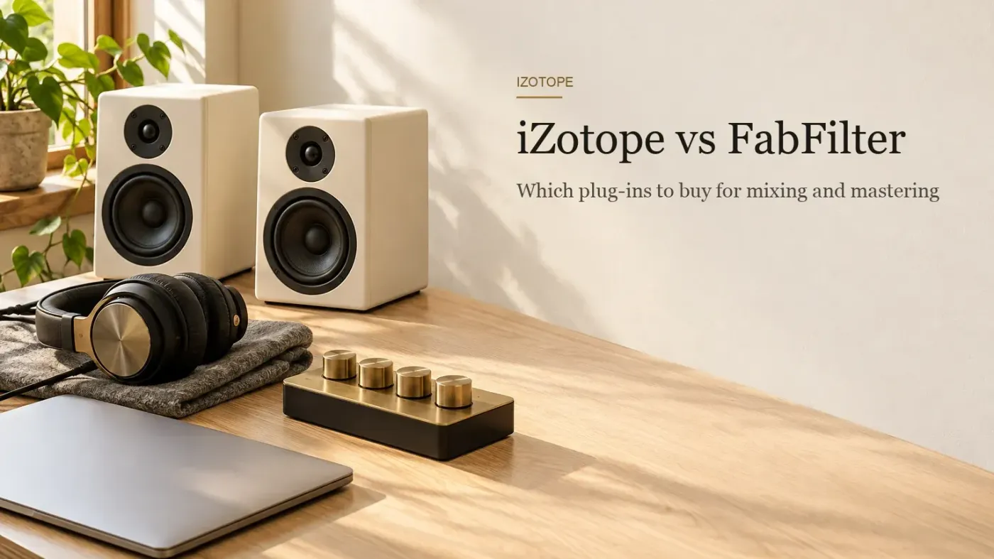 Light oak mastering desk by a sunny window with a potted plant, two cream studio monitors, closed-back headphones on a grey cloth, a closed laptop and a four-knob brass rotary controller