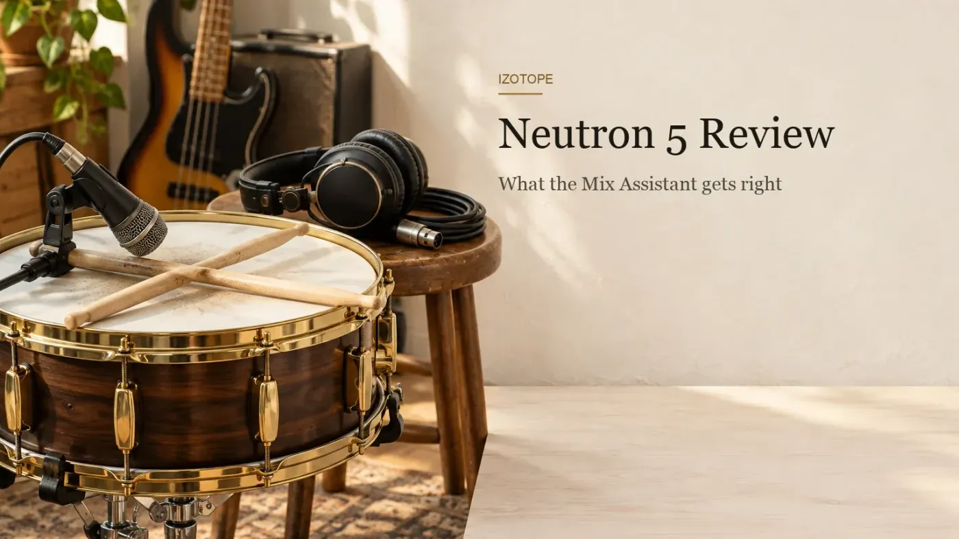 Snare drum with a dynamic microphone clamped to its rim beside crossed drumsticks, a coiled XLR cable and closed-back headphones on a wooden stool