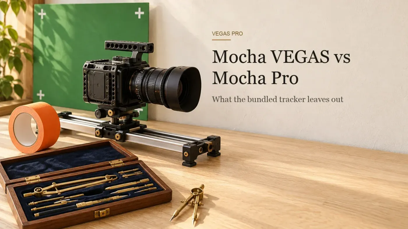 Light oak desk with a compact cine camera on a short slider rail, a green card with white cross markers, a roll of orange gaffer tape and an open case of brass drafting compasses