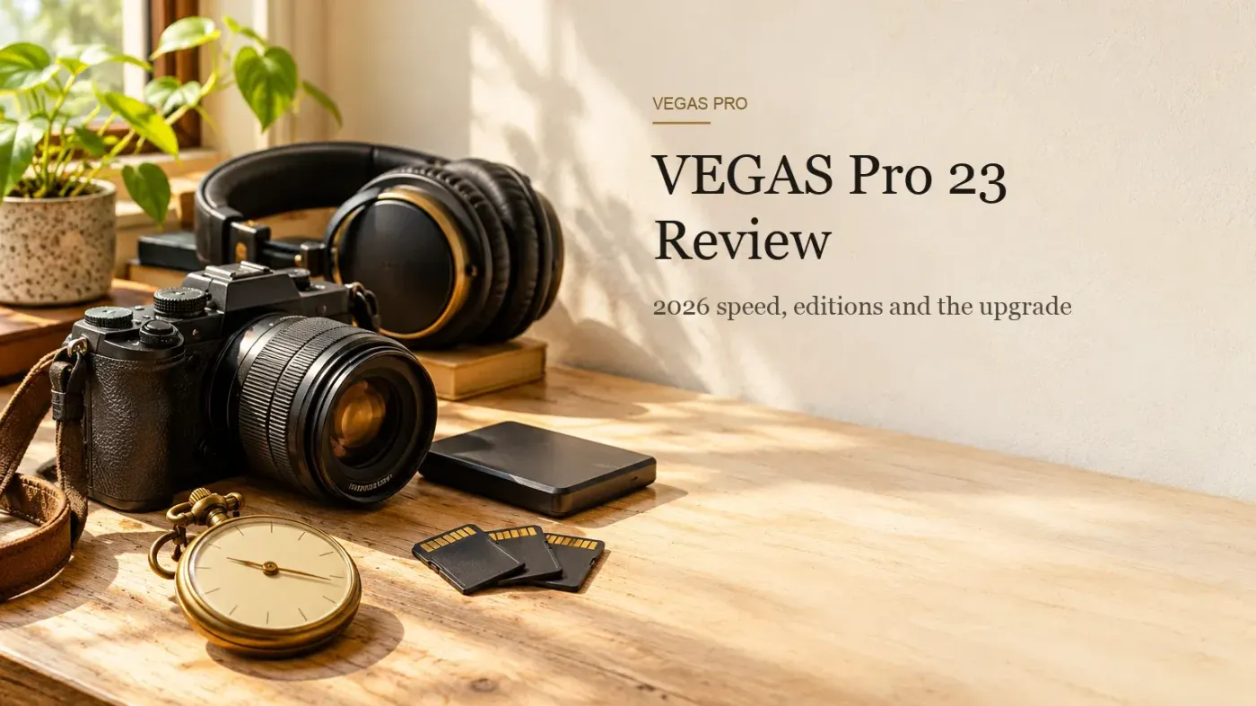 Mirrorless camera, brass stopwatch, memory cards and closed-back headphones on a sunlit wooden desk beside a small external drive