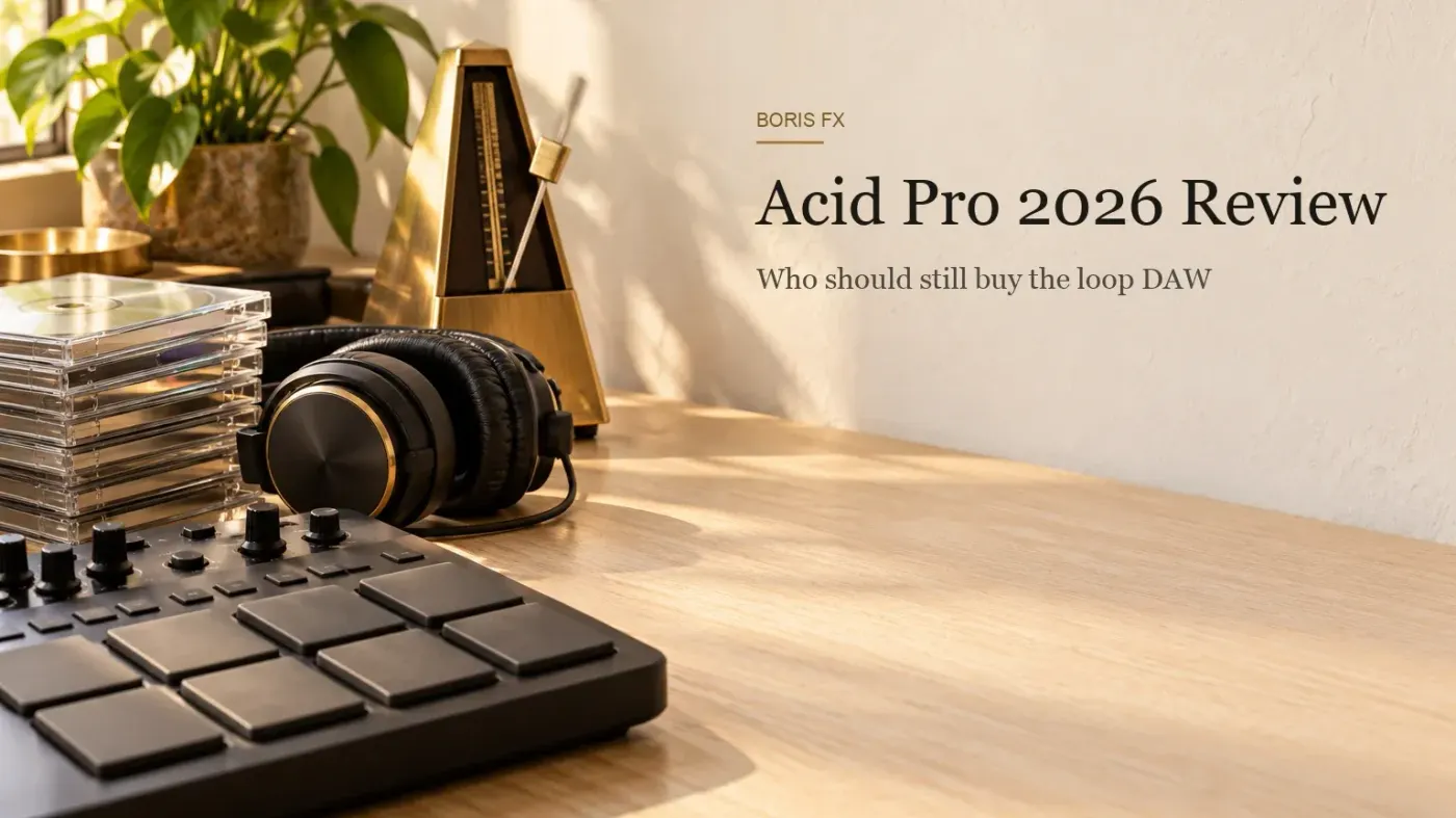 Warm daylight still life on a pale oak desk with an eight-pad MIDI controller, clear CD jewel cases, closed-back headphones with brass rims and a brass pyramid metronome