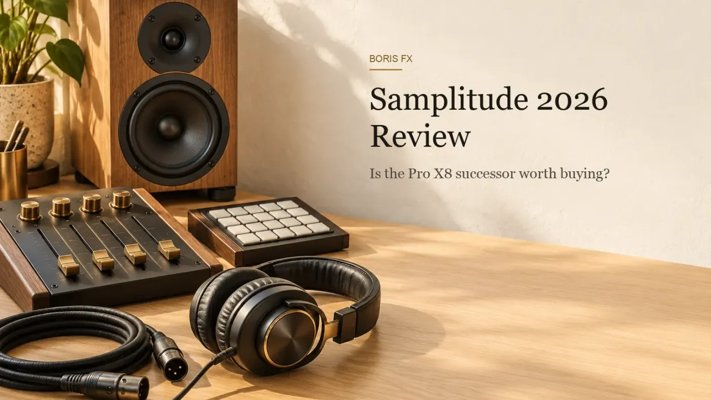 Pale oak desk with a wooden two-way studio monitor, a four-fader controller with brass knobs, a pad controller with blank keys, a coiled XLR cable and closed-back headphones