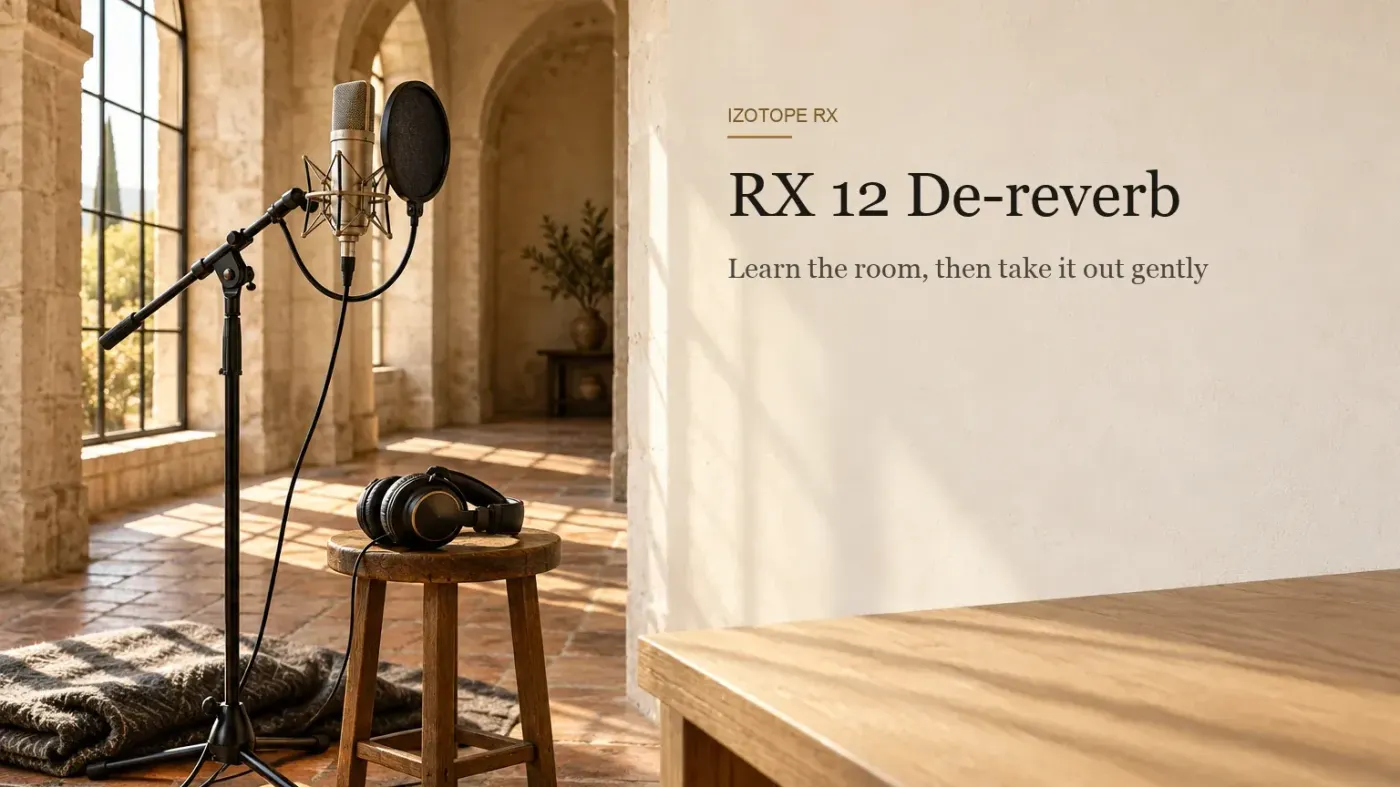 Empty arched stone hallway in warm afternoon light with a large-diaphragm condenser microphone and round pop filter on a boom stand, headphones on a wooden stool and a grey moving blanket