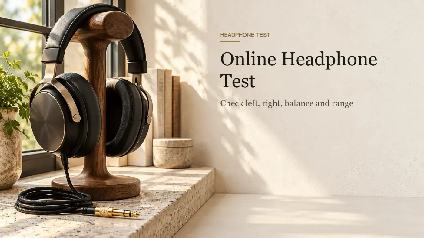 Closed-back studio headphones on a walnut stand on a stone windowsill, with the cable coiled and a brass plug adapter.