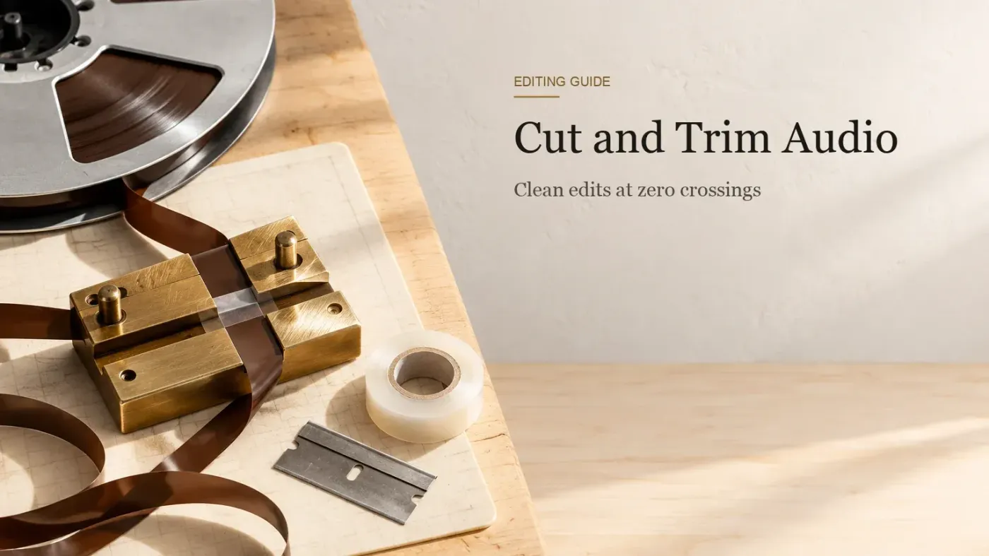 A brass splicing block with brown recording tape, a razor blade and a roll of splicing tape on a cream cutting mat.