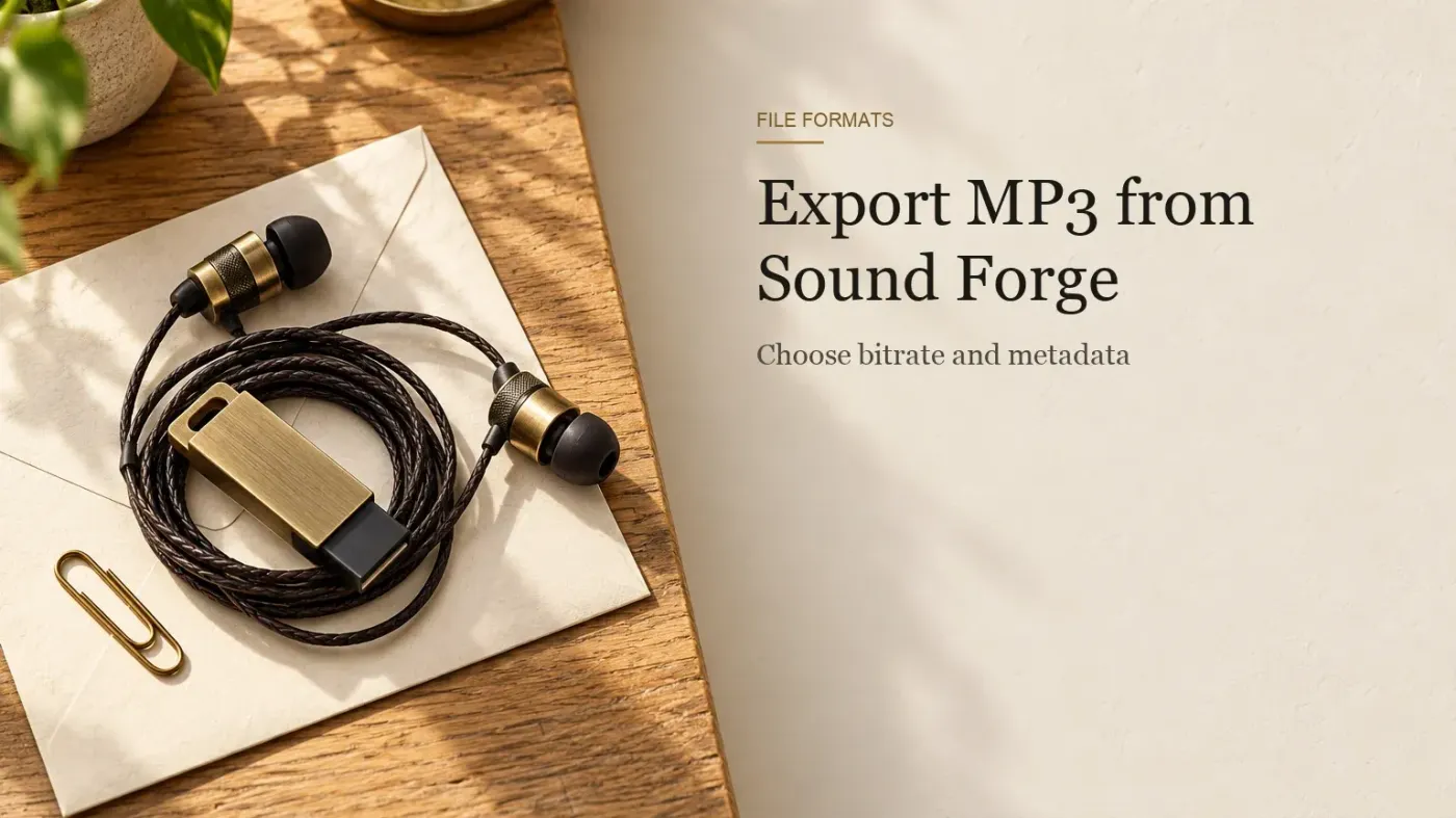 Wired earbuds coiled around a slim flash drive on a cream envelope with a brass paperclip on an oak desk.