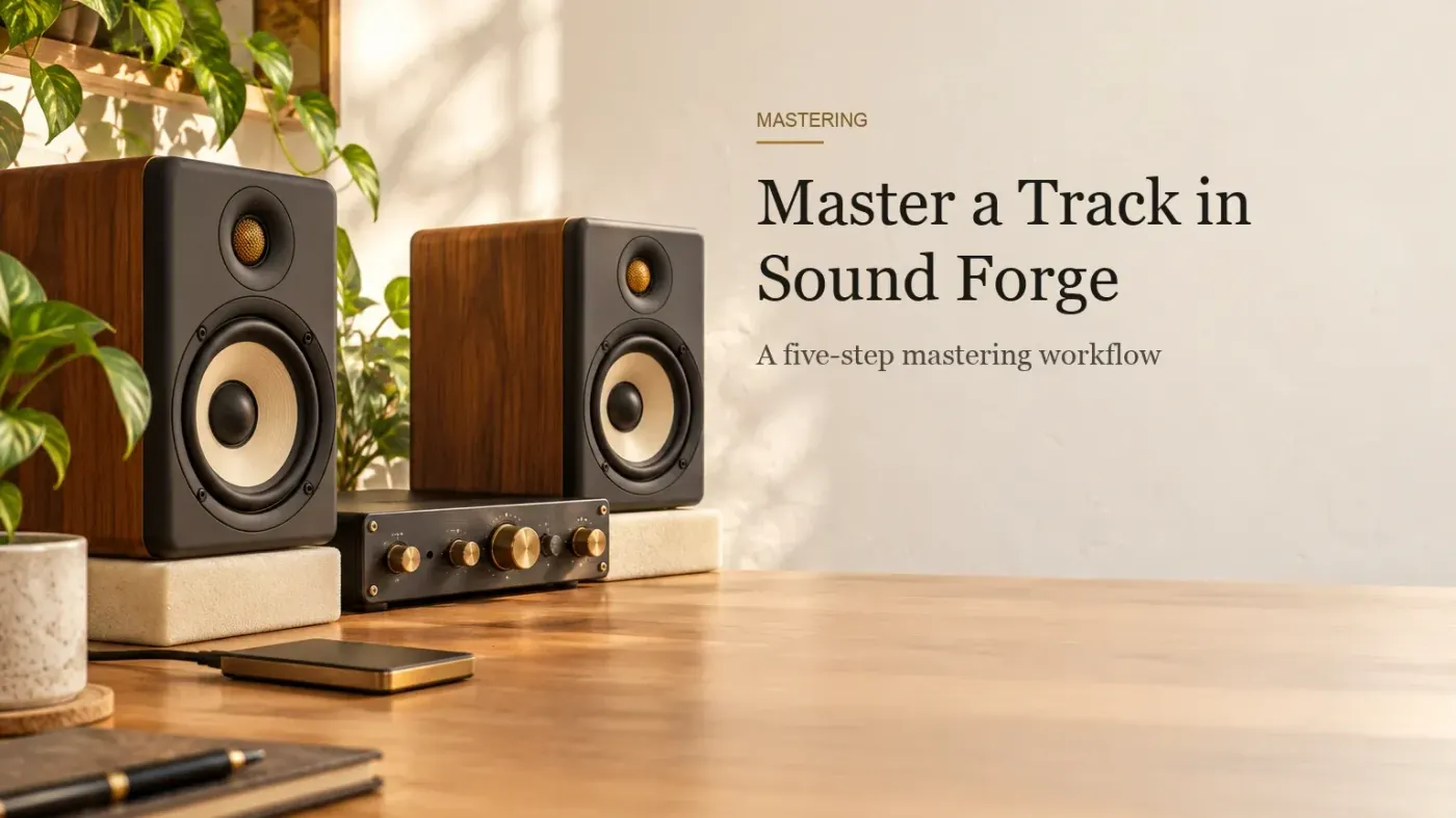 Compact nearfield monitors on cream foam pads with a stereo compressor and a portable drive between them on an oak desk.