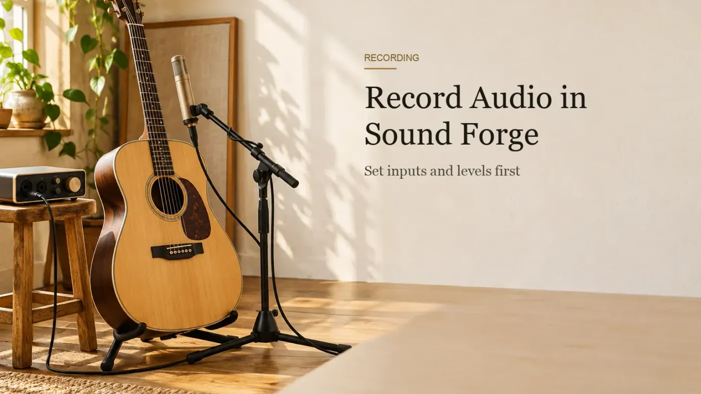 An acoustic guitar on a stand with a small-diaphragm microphone aimed at it and an audio interface on a wooden stool.