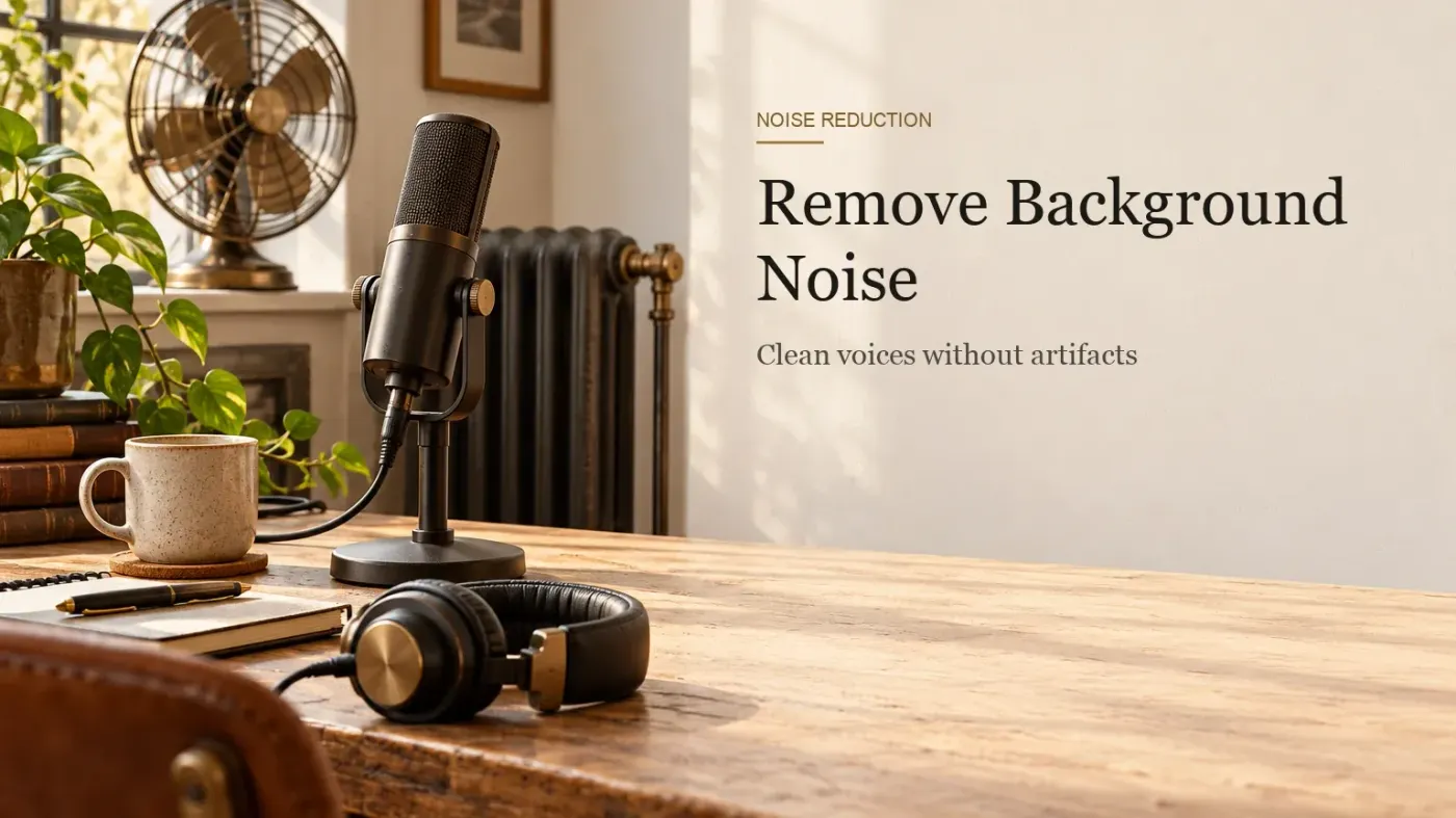 A cardioid microphone on a desk stand with an oscillating desk fan and a radiator behind it in a home office corner.