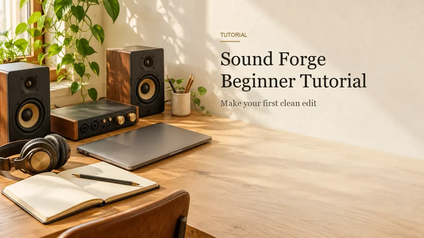 A closed laptop, a two-input audio interface with brass knobs, small monitors and an open blank notebook with a pencil on an oak desk.