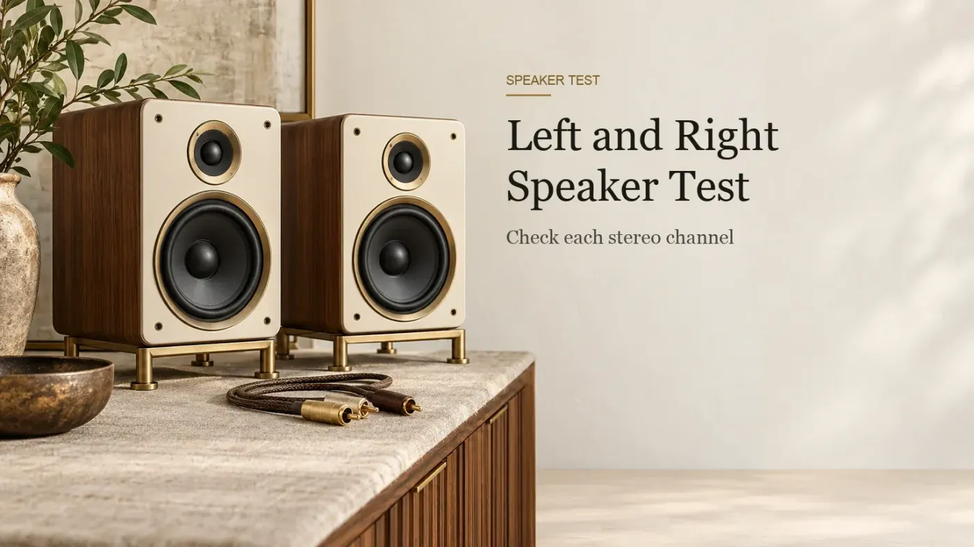Two small cream-fronted hi-fi speakers on brass stands with an RCA cable between them on a linen-covered sideboard.