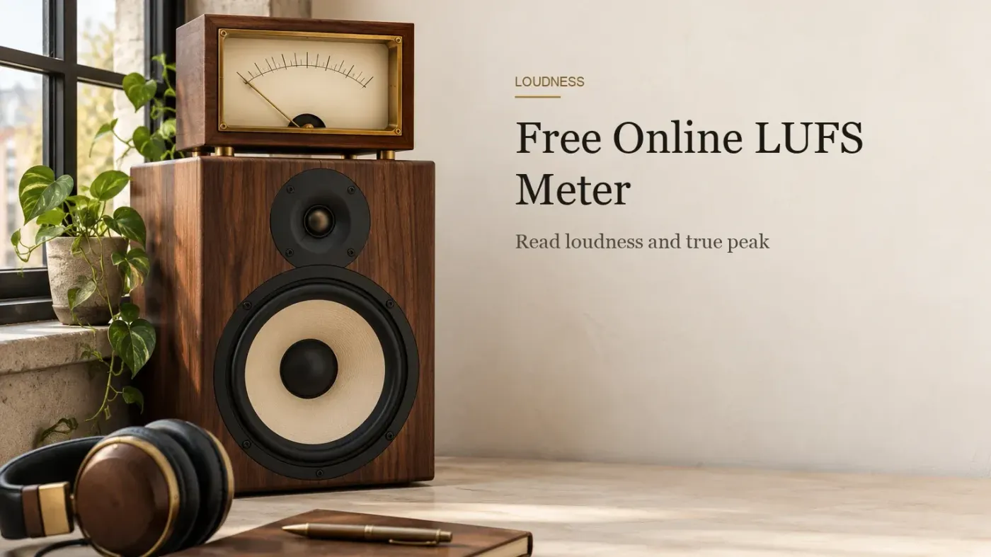 A walnut-cased needle meter with a blank cream dial sitting on top of a studio monitor on a stone windowsill.
