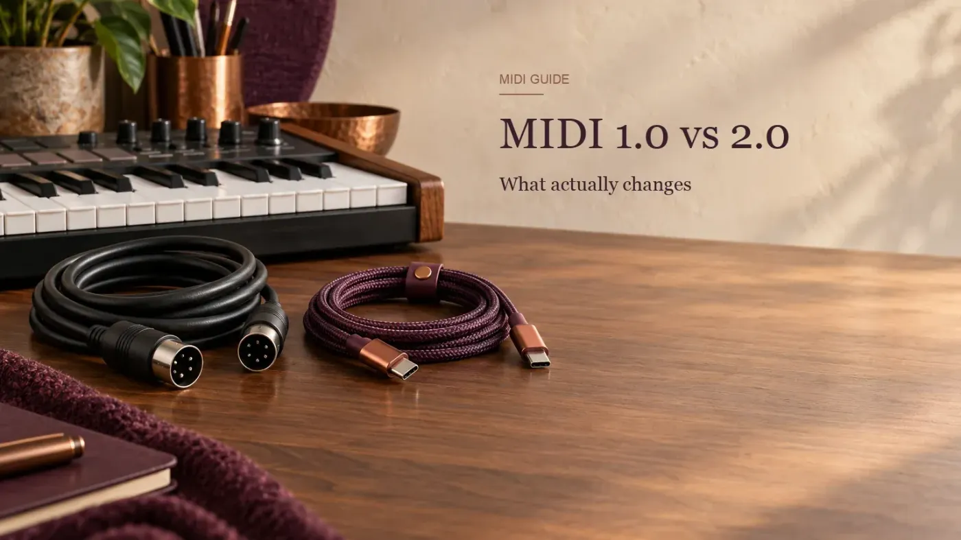 Five-pin DIN MIDI cable and USB-C cable side by side in front of a keyboard controller