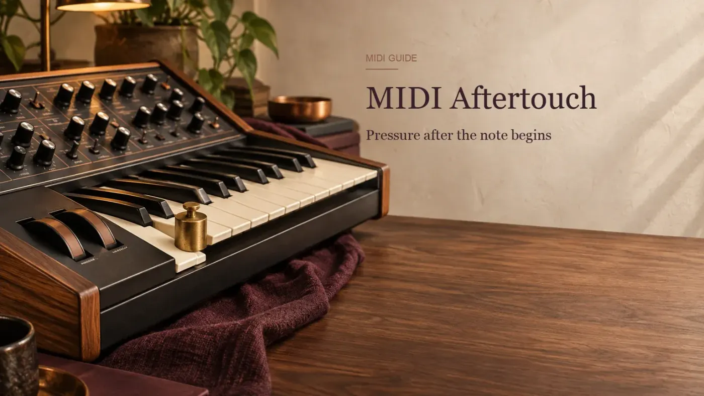 Synthesizer keyboard with one key held down by a small brass weight beside its pitch and modulation wheels