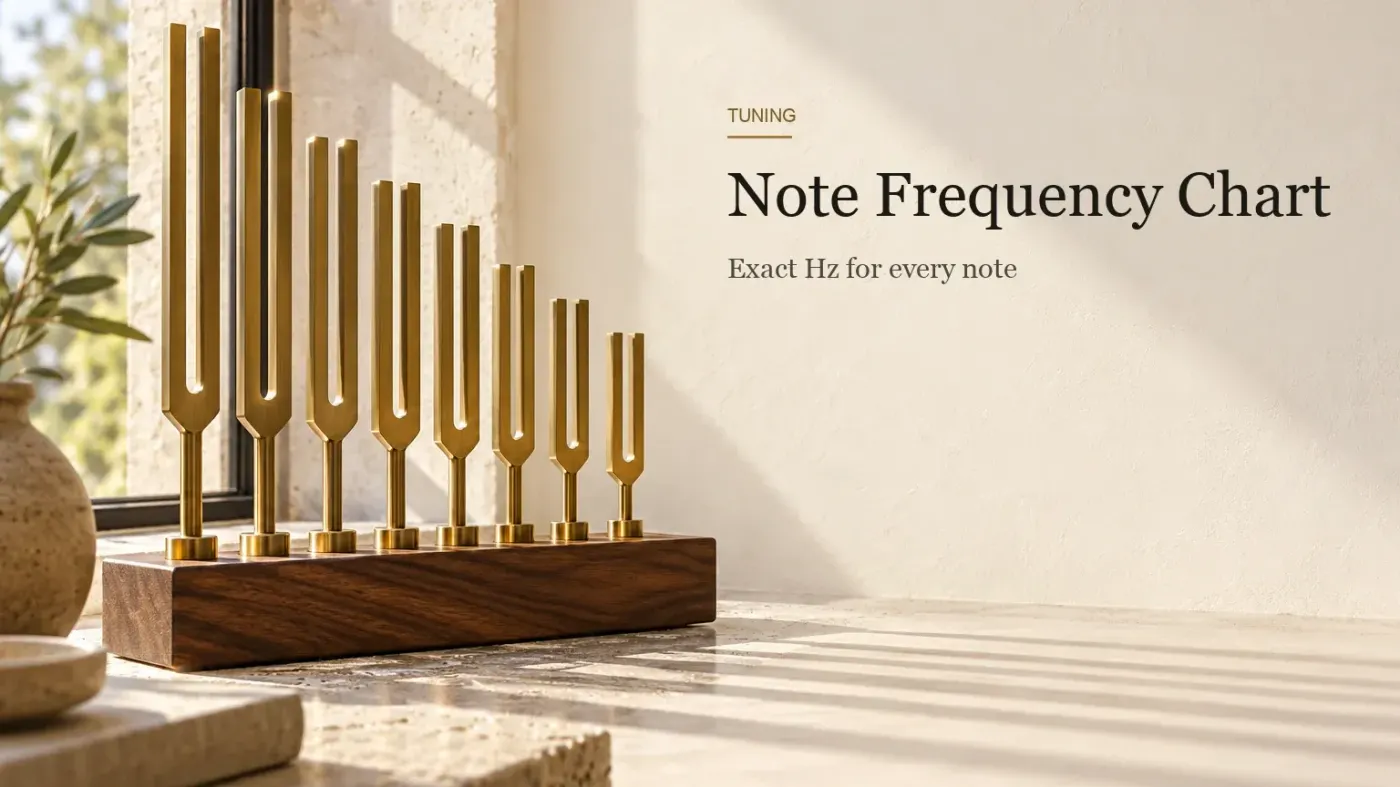 Eight brass tuning forks of graduated lengths standing in a walnut block on a stone windowsill.