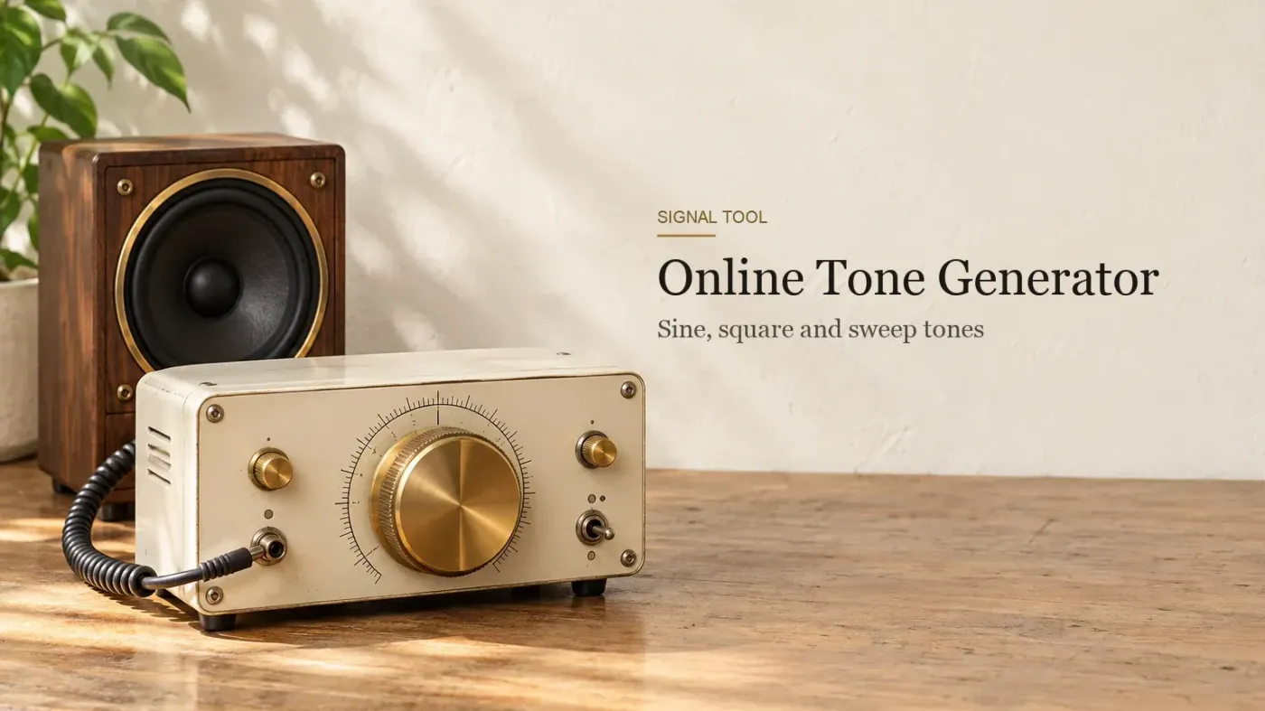 A cream audio oscillator with a large brass dial connected to a small cube speaker on a walnut desk.