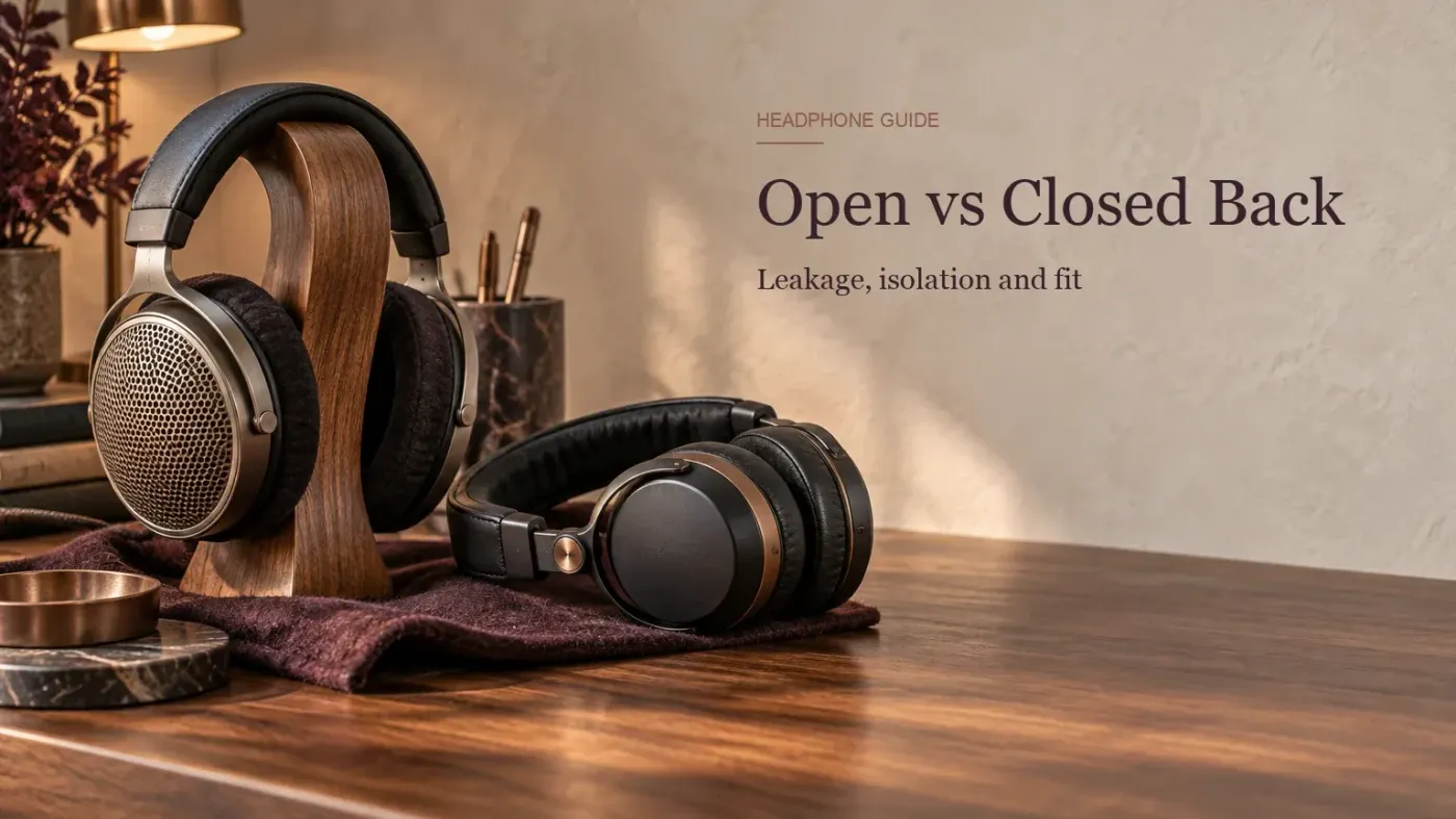 Open-back headphones with mesh earcups on a stand beside closed-back headphones with solid earcups