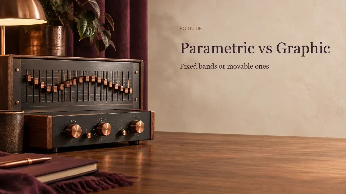 Hardware graphic equalizer with a row of copper-capped sliders stacked above a parametric equalizer with large copper rotary knobs