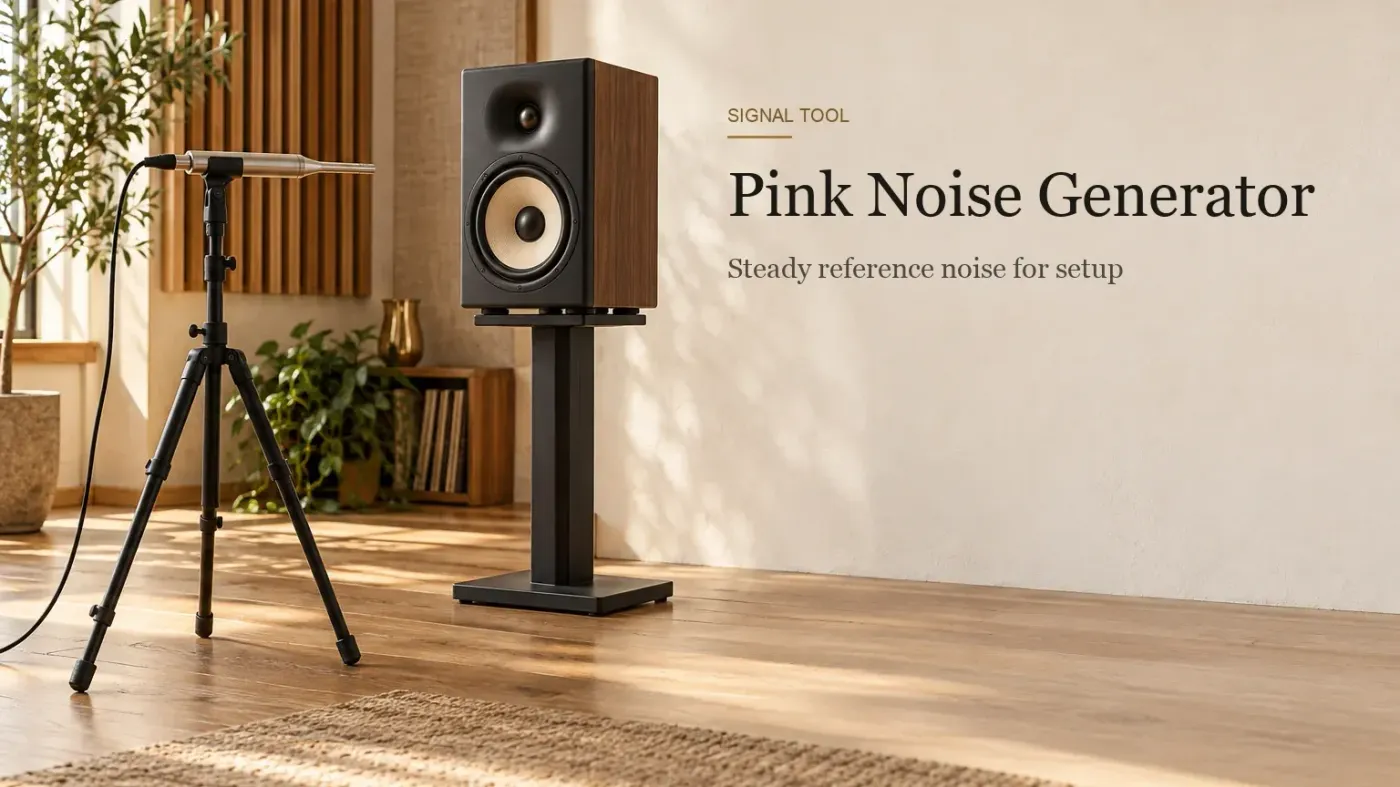 A slim measurement microphone on a tripod facing a studio monitor on a stand across an oak floor.