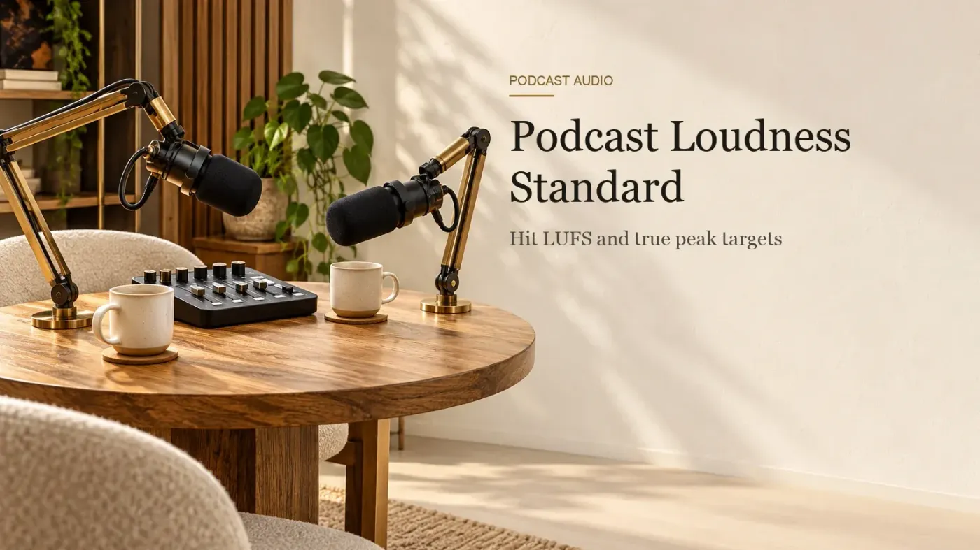 Two broadcast dynamic microphones on brass boom arms facing each other over a round oak table with cream mugs and a podcast mixer.