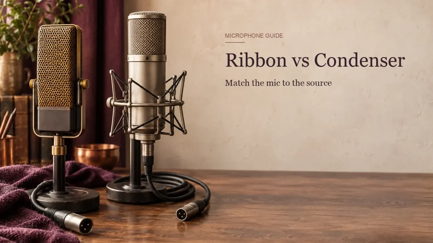 Vintage-style ribbon microphone beside a large-diaphragm condenser microphone on a walnut desk
