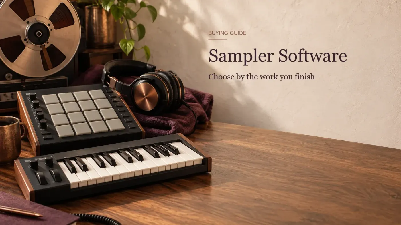 Drum pad controller, compact keyboard controller and a reel of magnetic tape on a walnut desk