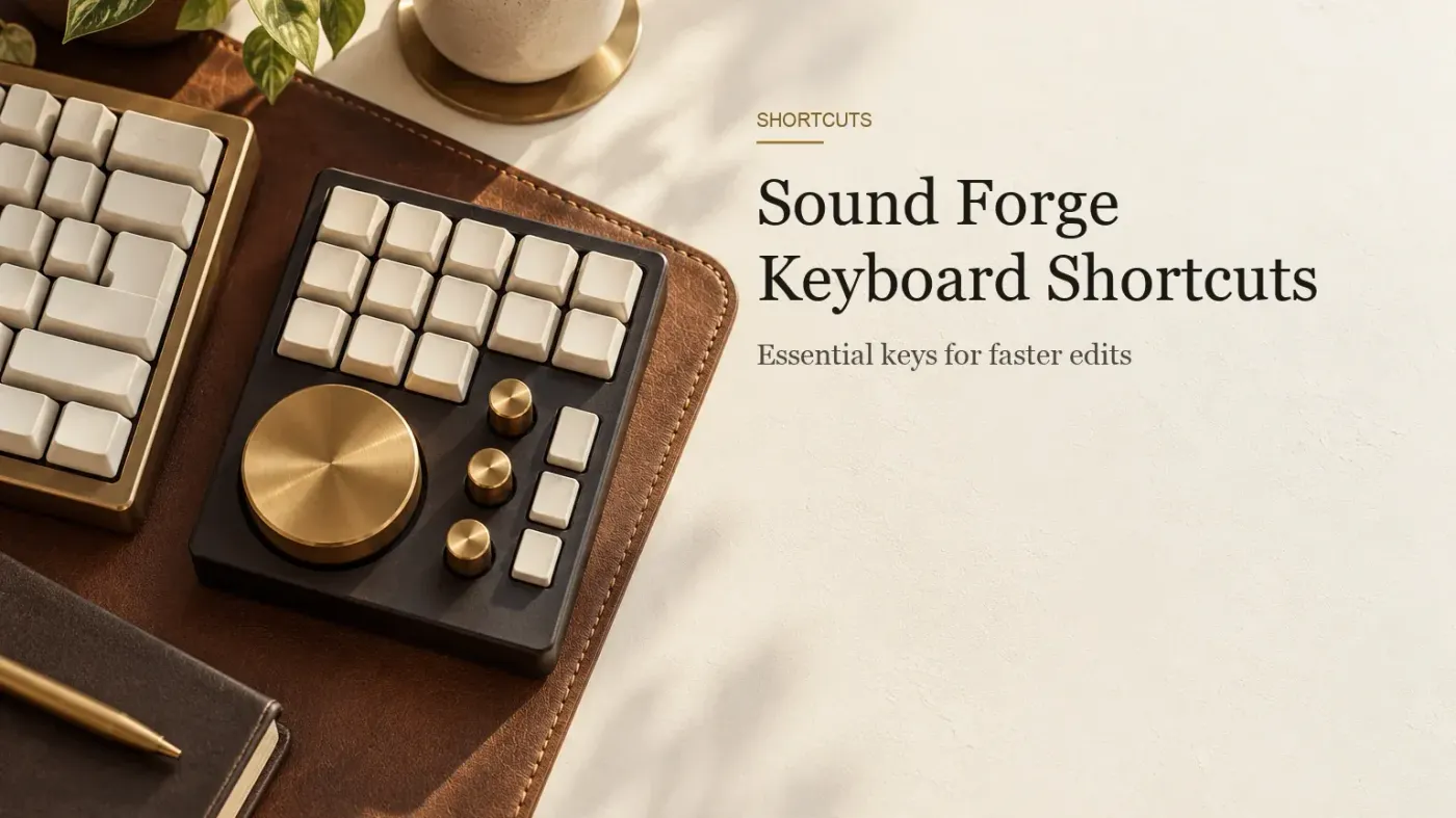 An editing keypad with a large brass jog wheel and blank cream keys beside a keyboard on a leather desk mat.