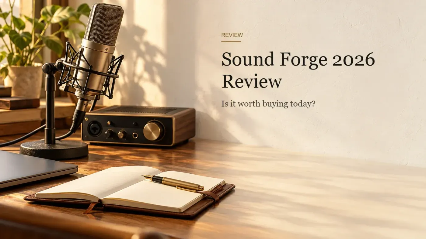 A condenser microphone, an audio interface, a closed laptop and an open leather notebook with a brass fountain pen on a walnut desk.