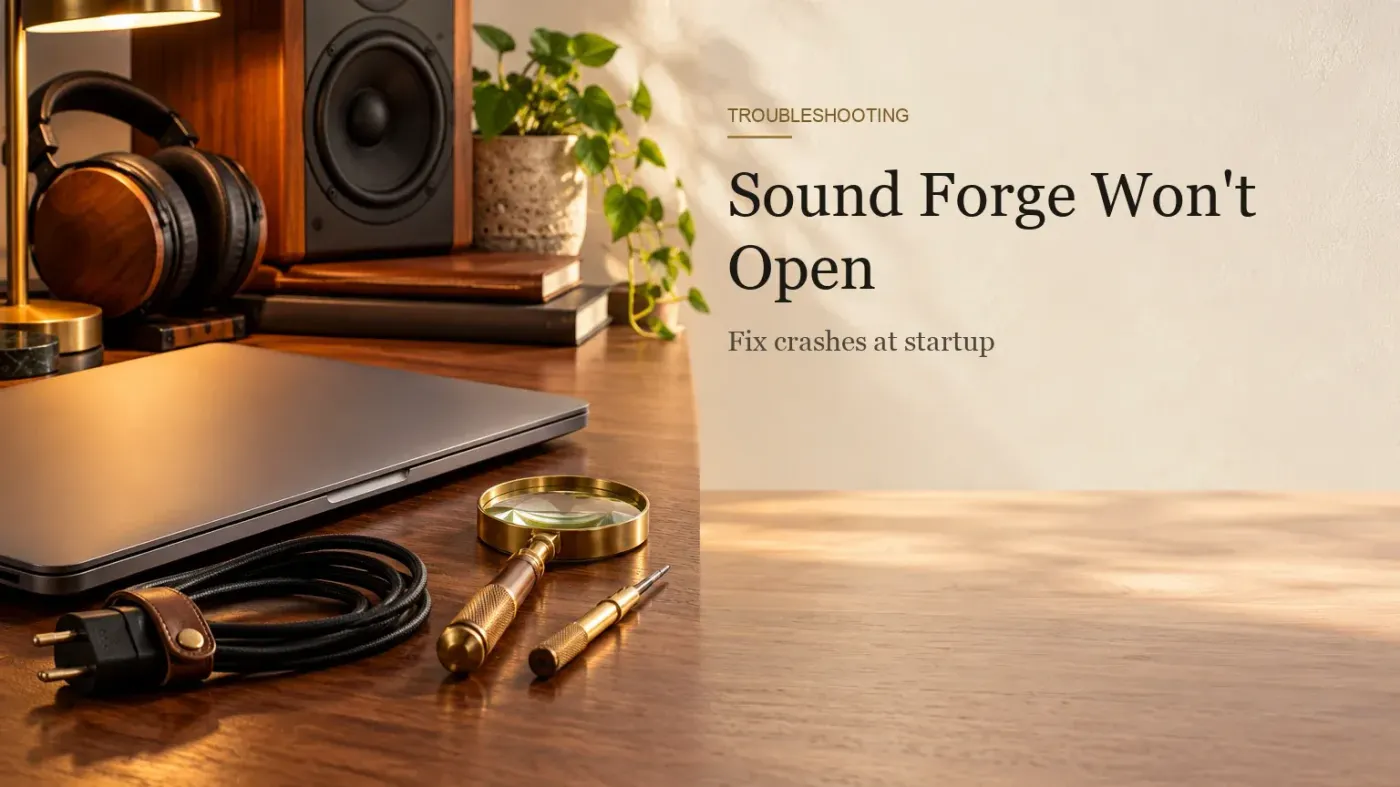 A closed laptop with its power cable coiled beside a brass magnifying glass and a small screwdriver on a walnut desk.