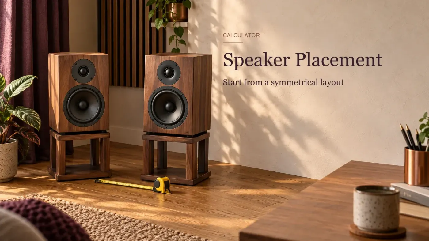 Two walnut studio monitors on matching stands with a tape measure on the floor between them