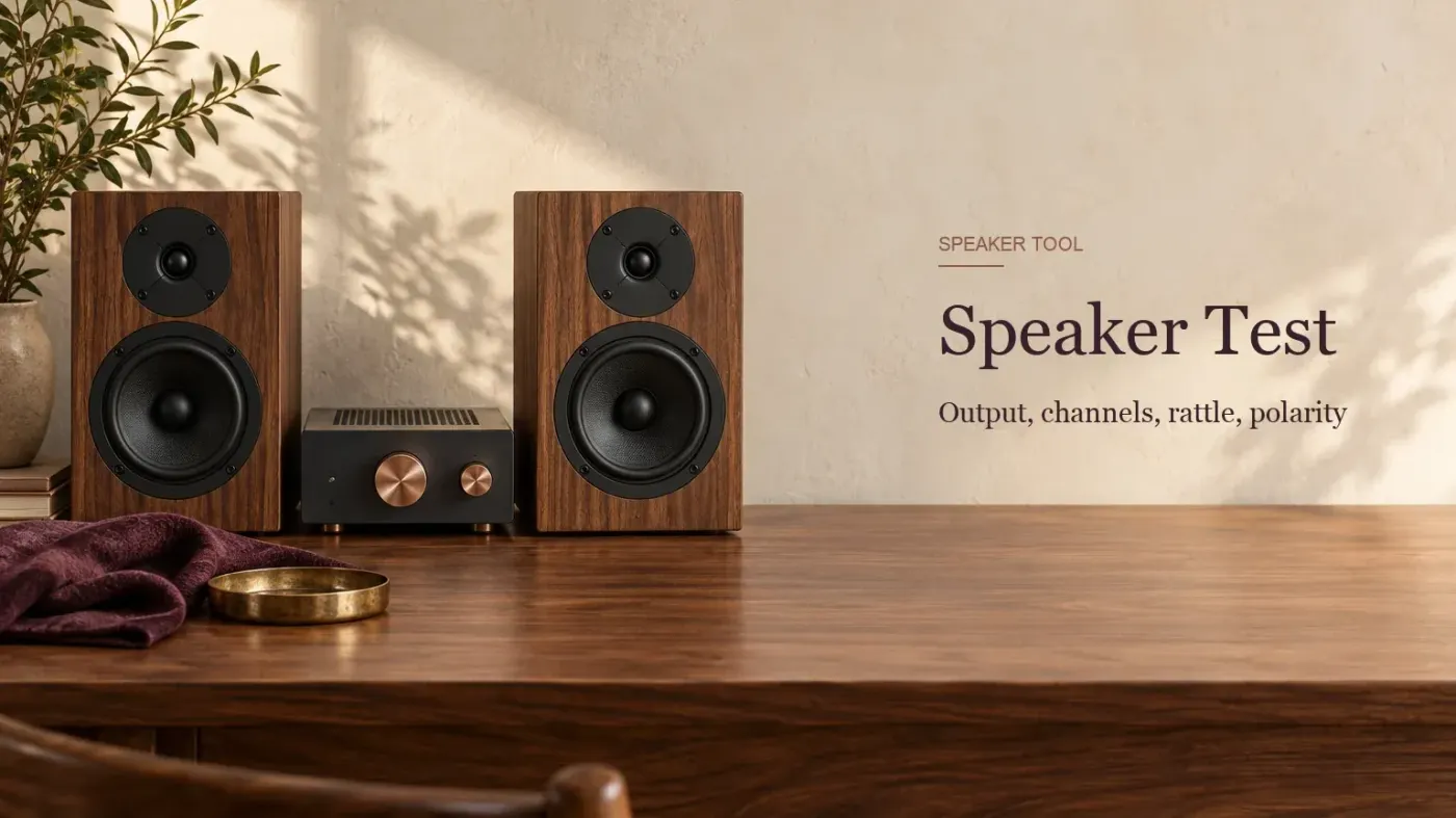 Two walnut bookshelf speakers with a black amplifier between them, a plum cloth and a brass dish on a walnut desk, beside the title Speaker Test