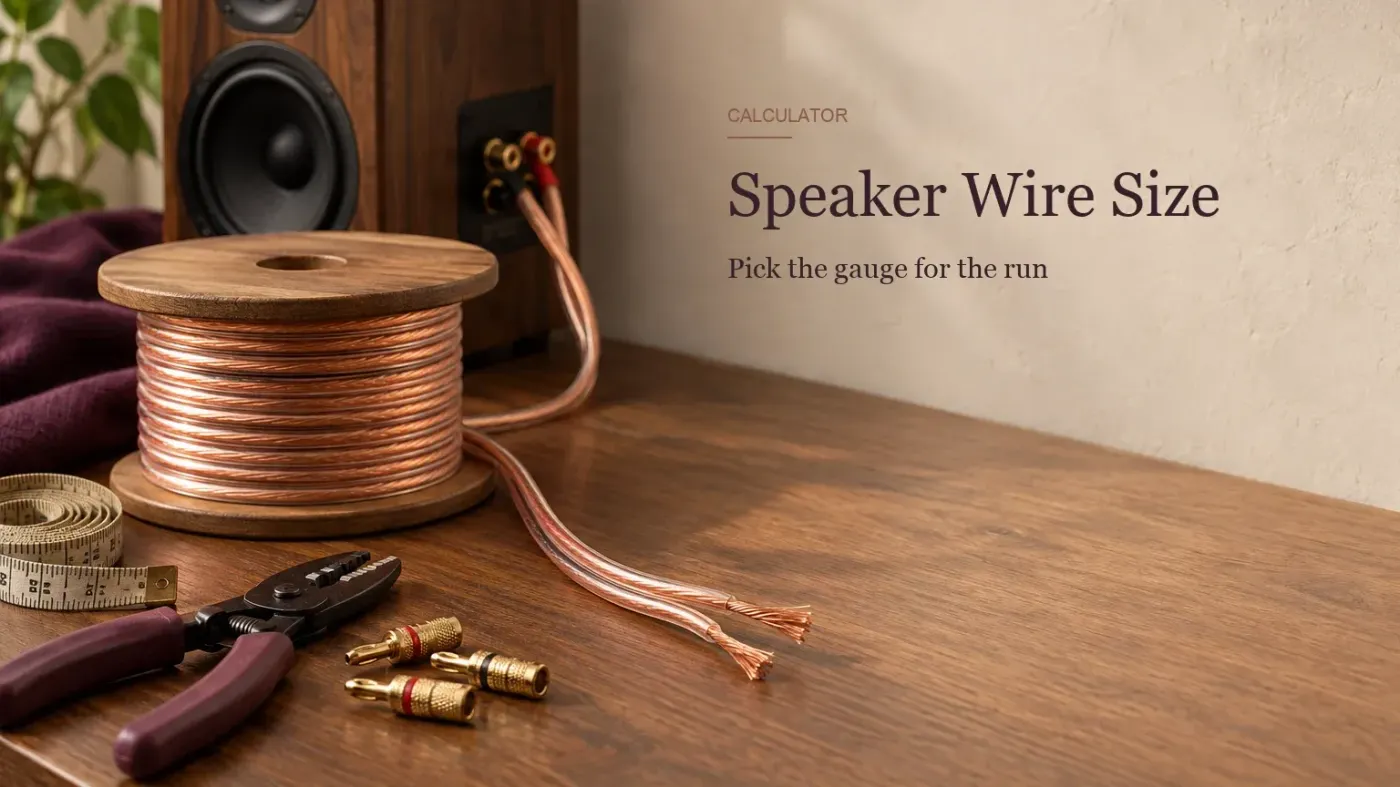 Spool of copper speaker cable with wire strippers, banana plugs and a tape measure beside a studio monitor's binding posts