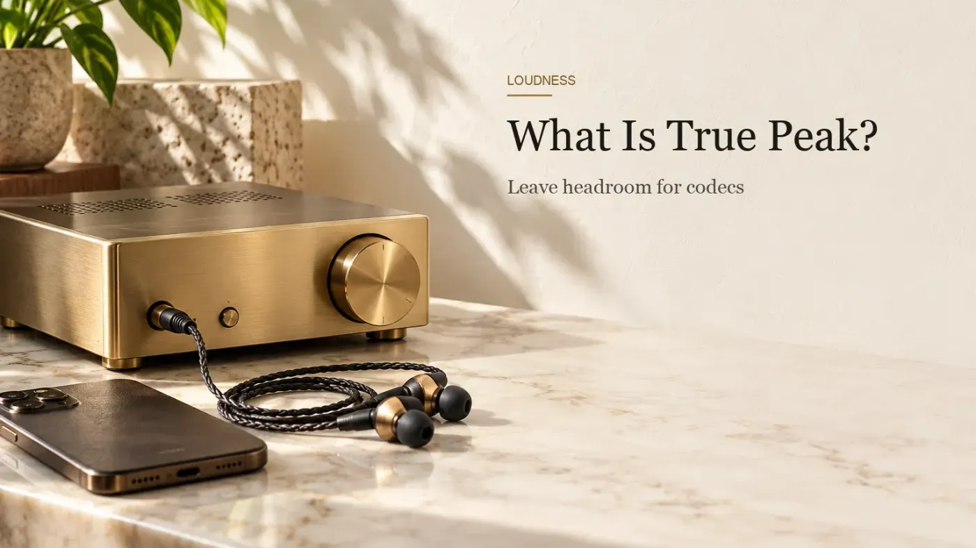 A brass desktop digital-to-analog converter with wired earbuds and a face-down smartphone on a marble counter.