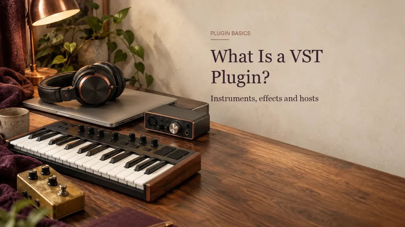 Closed laptop with a compact MIDI keyboard, audio interface, headphones and a guitar effects pedal on a walnut desk
