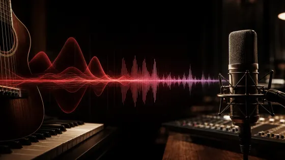 Audio spectrum from sub-bass to air beside a studio microphone and instrument details