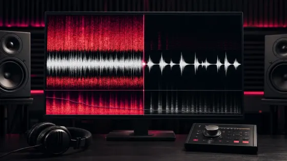Conceptual noisy and cleaned audio displays on a studio monitor