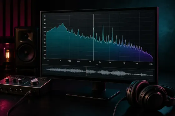 Audio spectrum analyzer displaying FFT frequency peaks from a local audio file