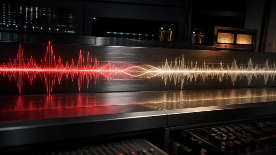 Two audio waveforms overlapping in a smooth central crossfade on a studio editing surface