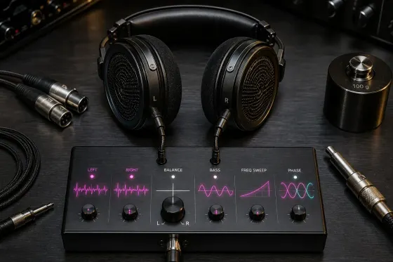 Headphones undergoing channel, balance, bass, sweep, and phase checks