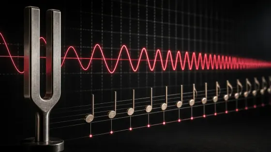 Tuning fork beside musical notes aligned to a red frequency waveform