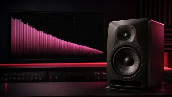 Pink noise power spectrum beside a studio monitor speaker