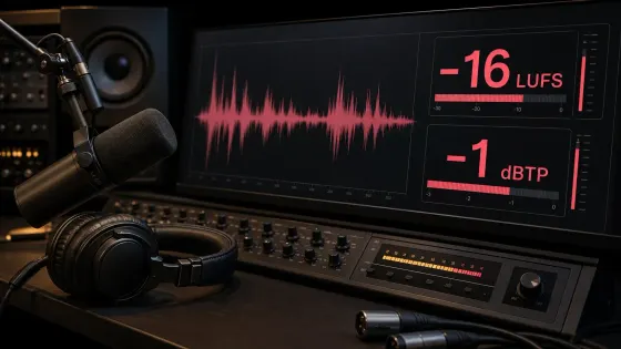Podcast loudness quality control with a dialogue waveform, minus 16 LUFS and minus 1 dBTP readings