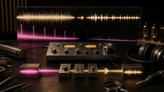Audio restoration workbench separating broadband hiss from harmonic hum