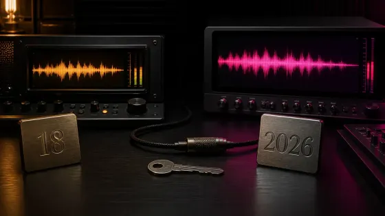 Sound Forge Pro 18 and Sound Forge 2026 audio workstations connected by a license key