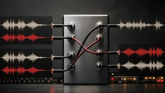 Stereo waveform paths crossing a precision routing matrix before mono and swapped-channel outputs