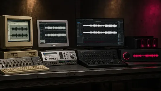 Audio editing workstation evolving from a 1990s beige PC to a modern Sound Forge production desk