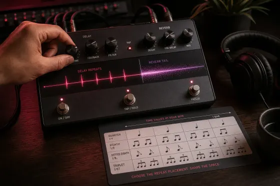 Producer comparing tempo-synced delay and reverb timing by note value
