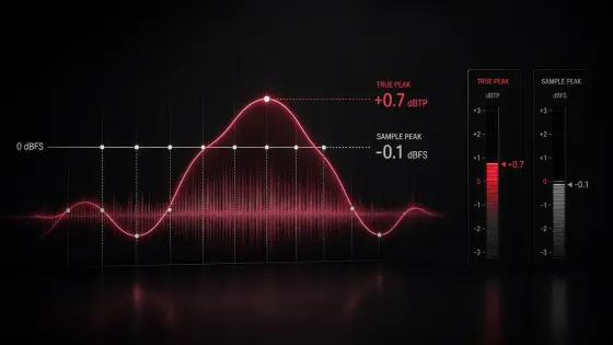Reconstructed audio waveform crest at plus 0.7 dBTP while stored samples remain below 0 dBFS